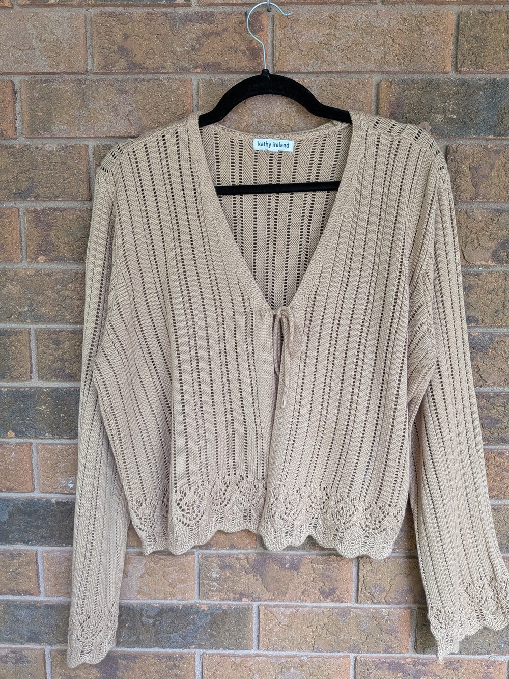 Kathy Ireland Cream Crochet-Trim Open Knit Tie-Front Sweater, XL